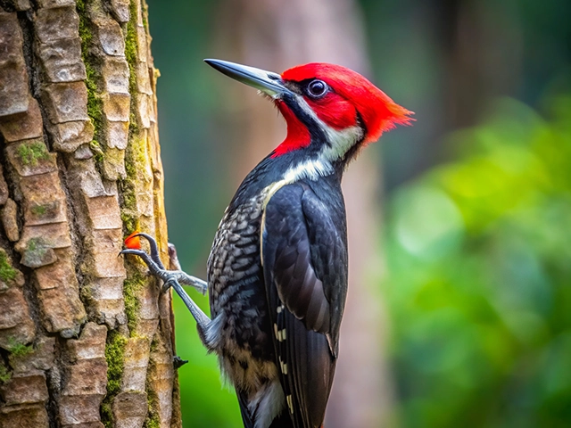 A colorful woodpecker with a striking red crest and black feathers is perched on the side of a tree, actively pecking at the bark.