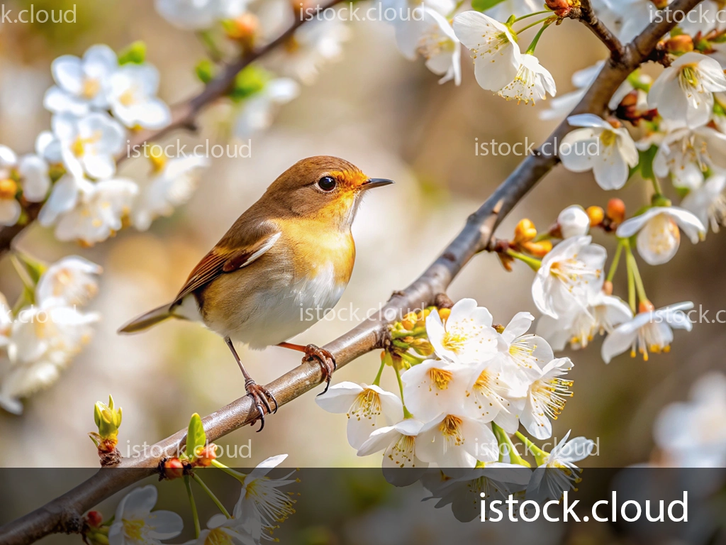 A bright yellow bird perched on a branch, surrounded by delicate pink cherry blossom flowers.
