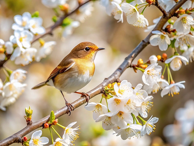 A bright yellow bird perched on a branch, surrounded by delicate pink cherry blossom flowers.