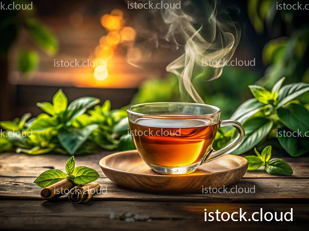 A steaming cup of herbal tea sits on a wooden saucer, surrounded by fresh green herbs and cinnamon sticks, with a warm glow from a fire in the background.