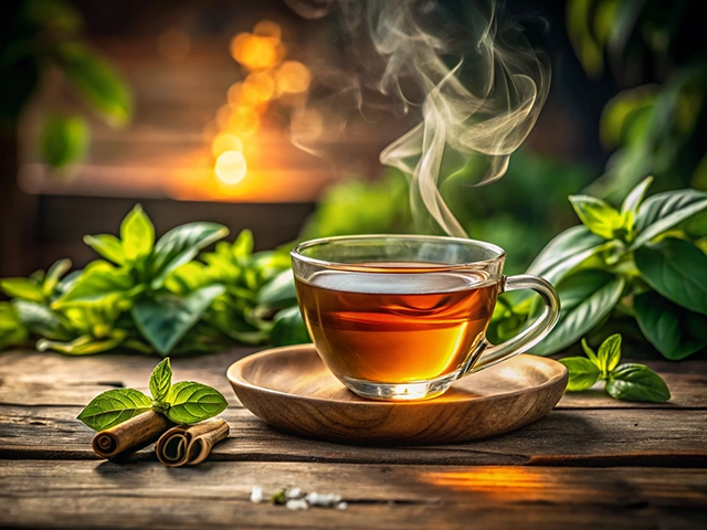 A steaming cup of herbal tea sits on a wooden saucer, surrounded by fresh green herbs and cinnamon sticks, with a warm glow from a fire in the background.