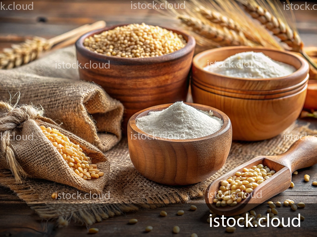 An arrangement of wheat grains and flours in wooden bowls, with a burlap bag of wheat and wheat stalks in the background, set on a wooden surface.