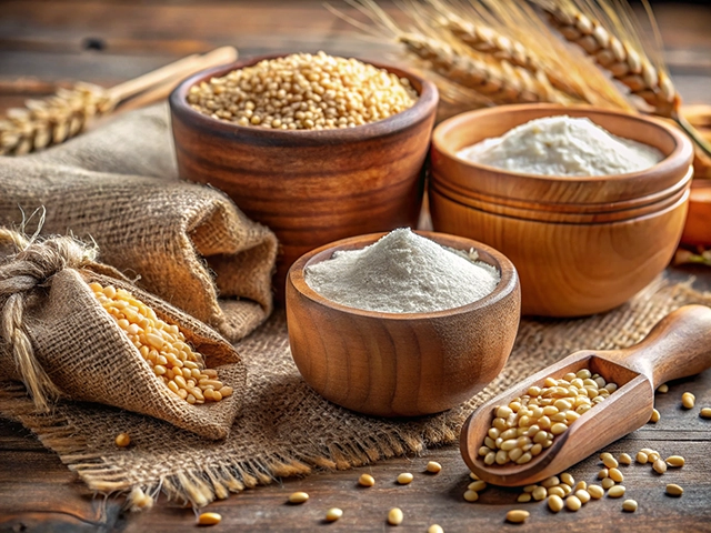 An arrangement of wheat grains and flours in wooden bowls, with a burlap bag of wheat and wheat stalks in the background, set on a wooden surface.