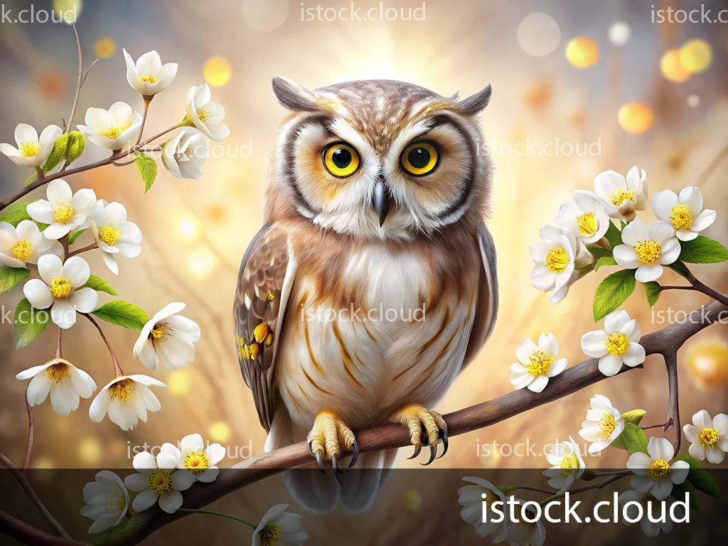 A beautifully detailed owl perched on a branch, surrounded by blooming white flowers against a softly glowing background.