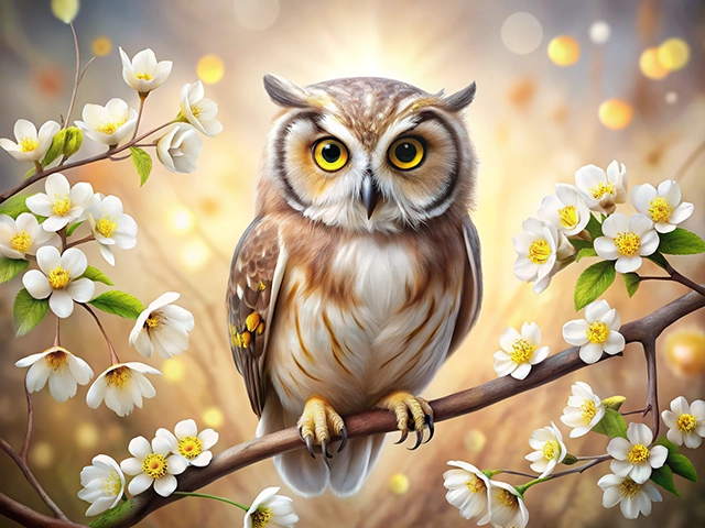 A beautifully detailed owl perched on a branch, surrounded by blooming white flowers against a softly glowing background.