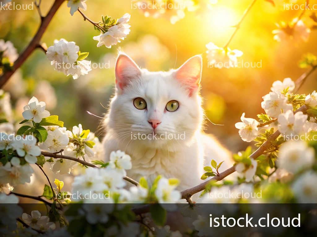A white cat with striking green eyes sitting among white flowers, illuminated by warm sunlight.
