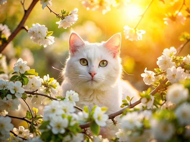 A white cat with striking green eyes sitting among white flowers, illuminated by warm sunlight.