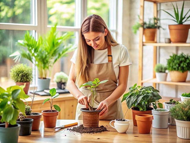 A young woman in an apron is potting a small plant in a cozy, well-lit room filled with various potted plants on a wooden table. She is focused on her task, surrounded by green foliage and gardening tools.